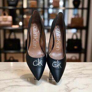 Calvin Klein Women's Black  Pointed Toe Pumps CK Embellished Logo High Heels 9.5